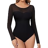 ciksob Women's Long Sleeve Shapewear Bodysuit for Tummy Control Body Suits Sheer Mesh Leotard Going Out Tops Fall Outfits