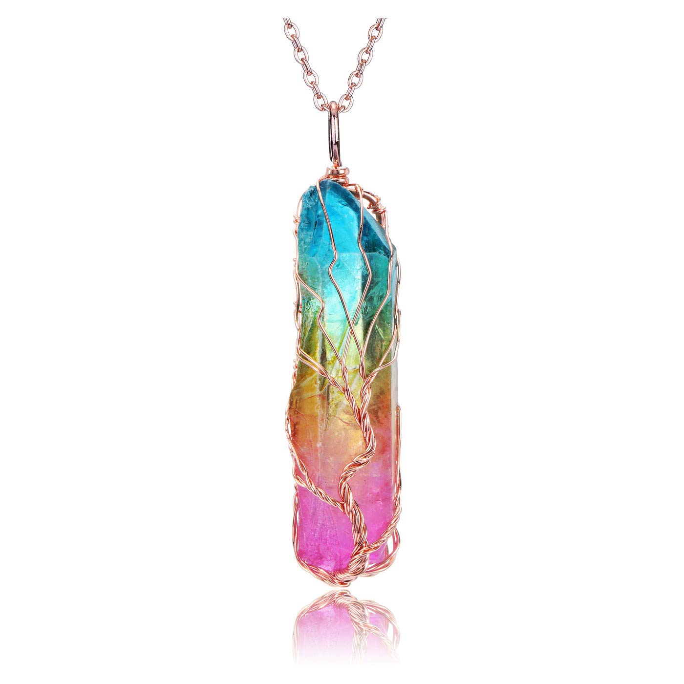 JOVIVI Tree of Life Rainbow Quartz Crystal Gemstone Reiki Healing Rock Raw Stone Chakra Pendant Necklace Women Rose Gold Wire Wrap Gemstone Necklace Jewellery Mothers Day Mum Gifts