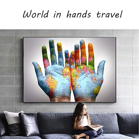tzxdbh HD Canvas Painting Prints Poster World Map In Hands ...