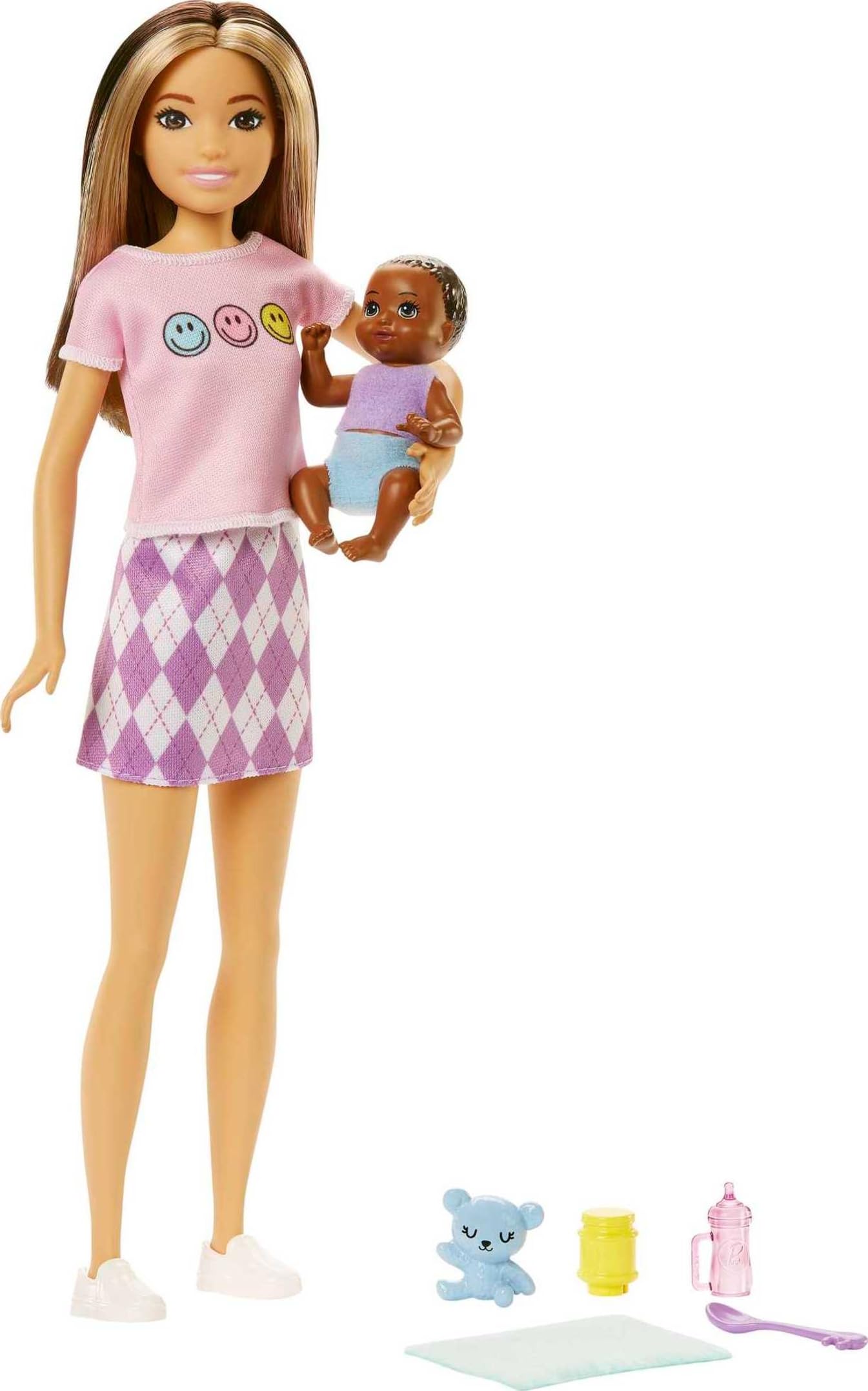 Barbie Dolls and Accessories, Skipper Doll (Two-Tone Hair) with Baby Figure and 5 Accessories, Babysitters Inc. Playset, HJY32