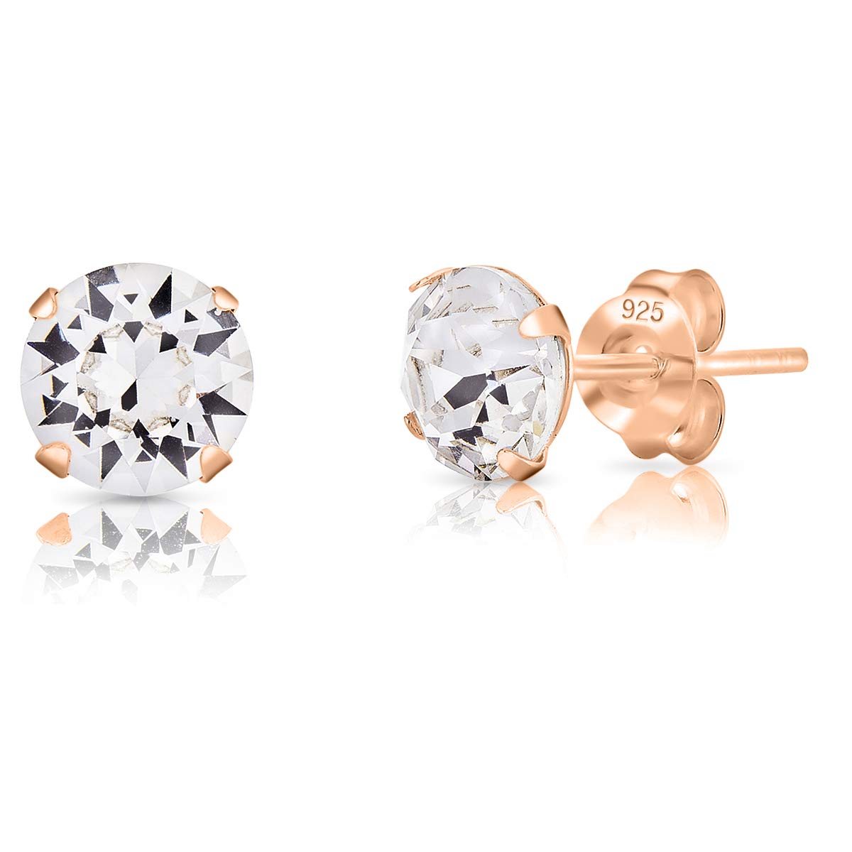DTPSilver - 925 Sterling Silver Rose Gold Plated Round Stud Earrings made with Glittering Crystals from Swarovski® Elements - Diameter: 6 mm - Colour : Clear Crystal