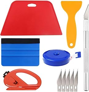 Wallpaper Smoothing Tool Kit Include red Squeegee,Medium-Hardness Squeegee, Black Tape Measure,snitty Vinyl Cutter and Craft Knife with 5 Replacement Blades for Adhesive Contact Paper Application Win