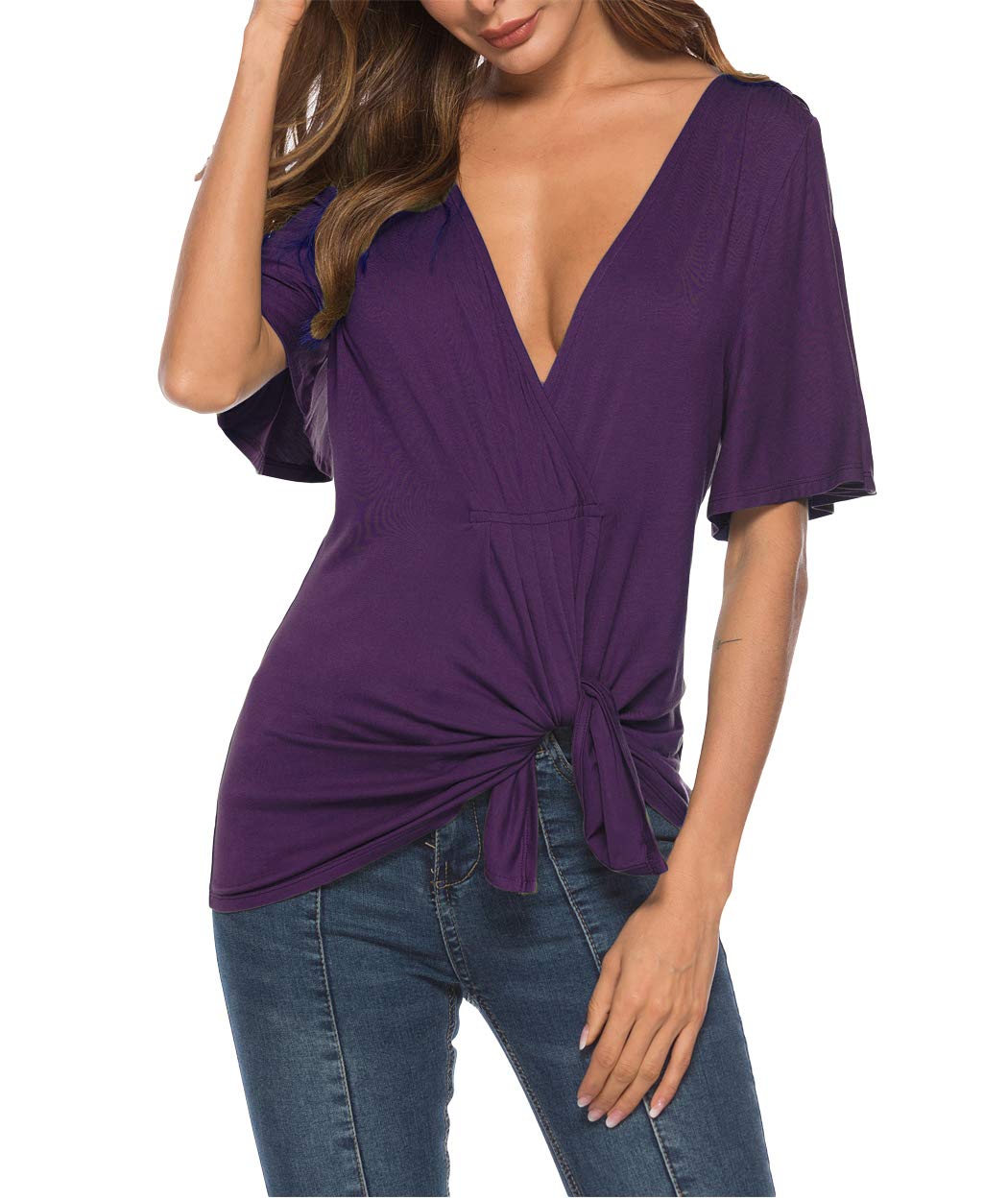 Eanklosco V Neck Shirts Womens Sexy Short Sleeve Cold Shoulder Tops Unique Ruffle Front Side Slit T Shirts (M, Purple)