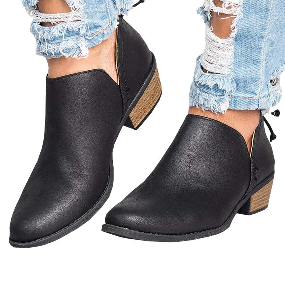 Poplover Womens Western Cowboy Ankle Booties Pointed Toe Zip up Low Heel Shoes Black 4.5 UK