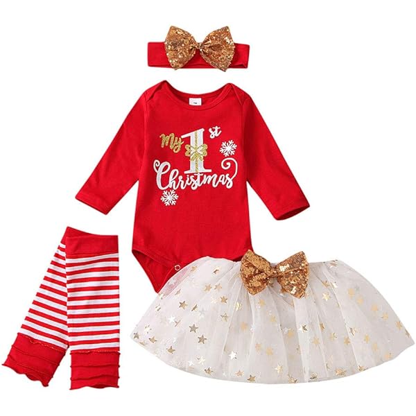 Geagodelia Tenue De Noël Bébé Fille Vêtement De Noël 3 Pcs Ensemble Jupe Renne à Bretelles Et Barboteuse + Bandeau Ensembles D'automne Hiver Nouveau-né (Rouge, 0-3 Months