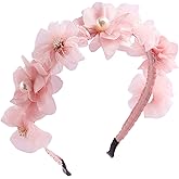 HIFANMM Flower Headband Spring Summer Hair Accessories for Women Girls, Pink Rose Flowers Hair Bands Pearls Elegant Decoration Headdress Party Wedding Supplies Non Slip Head Band 1 Pcs