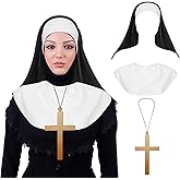 Syhood 3 Pieces Halloween Nun Costume Accessories Nun Hat White Nun Collar Gold Cross Pendant Necklace for Halloween Cosplay Party