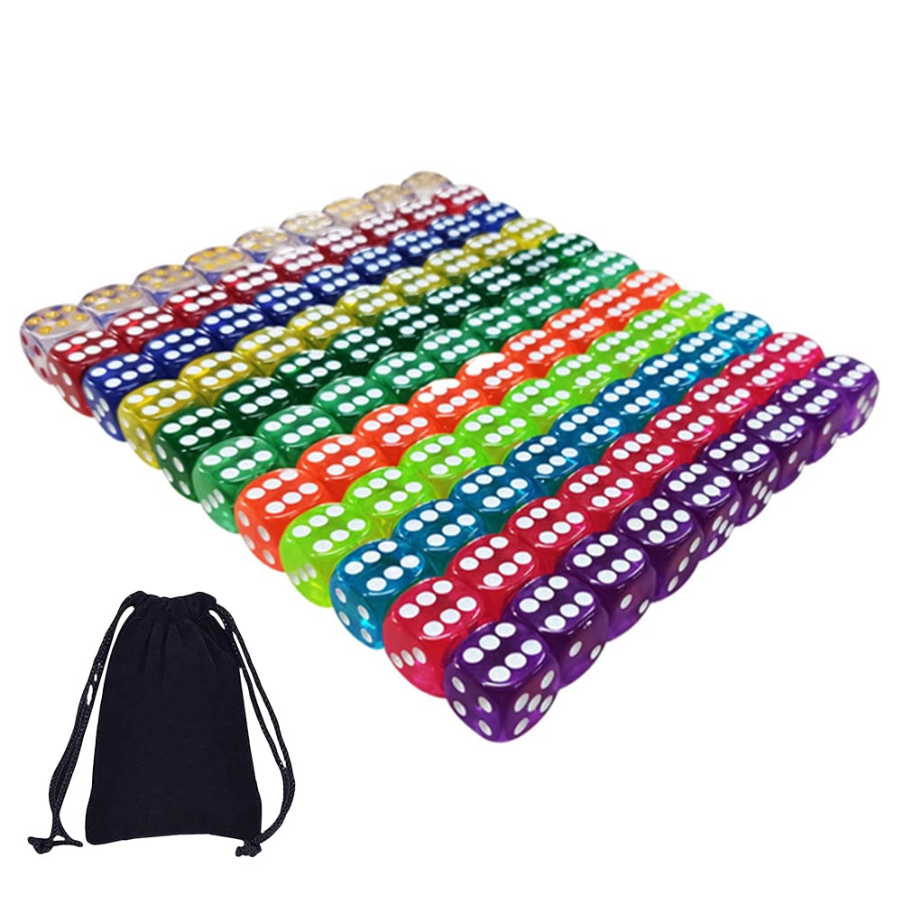 KENANLAN Dice Set 100 Pcs 10 Transparent Colors 16mm 6-sided Dice Set Translucent Dice Set with Drawstring Pouch for Board Games,Lessons and Party Table Games