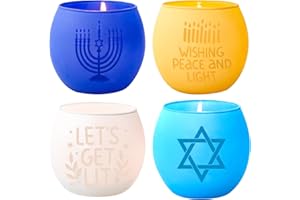 SHMILMH Hanukkah Table Decor Tealight Votive Candle Holders 4 PCS with Menorah, Star of David for Jewish Holiday Decor - Blue and White Hanukkah Gifts & Indoor Decorations