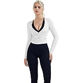 SUUKSESS Women Pilates Wrap Workout Cropped Top Ribbed Long Sleeve V Neck Tie Front Ballet Yoga Shrug Blouse