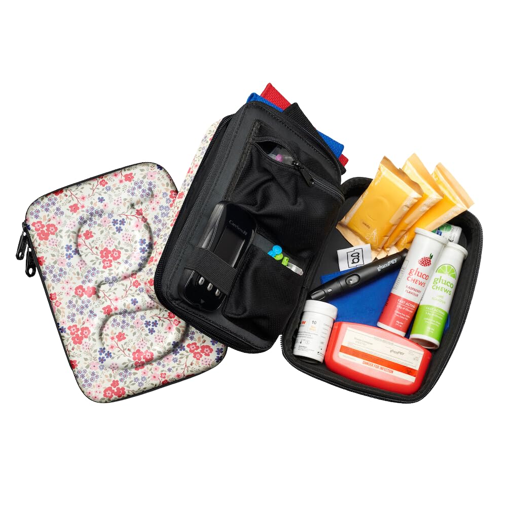 Glucology™ Diabetic Travel Case Plus Size - Organizer for Blood Sugar Test Strips, Medication, Glucose Meter, Pens, Insulin Syringes, Needles, Lancets - Hardshell Carrier Pack - Plus, Flowers