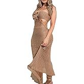 TZCX Women Halterneck Beach Coverup Dress Knitted Swimsuit Coverups Crochet Beach Dress Full Length Beach Coverup Dress
