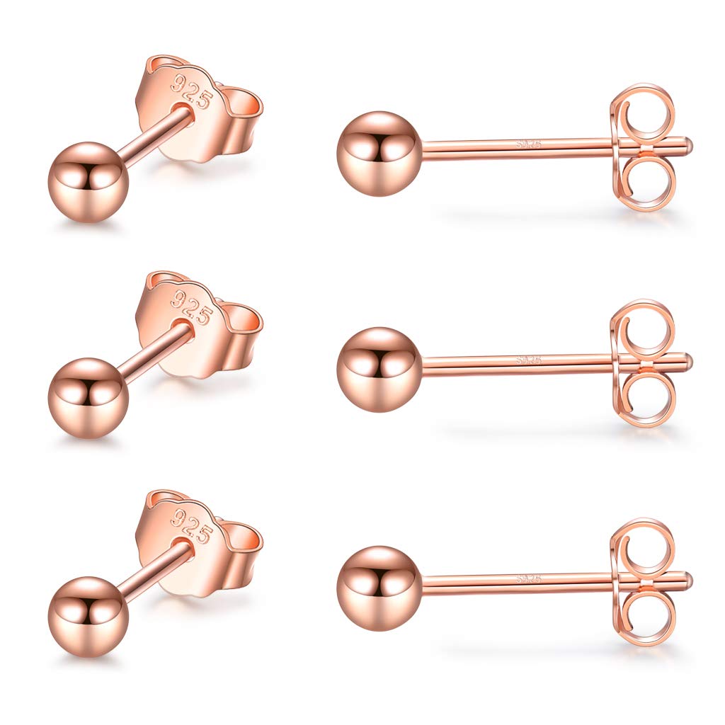 CERSLIMO Silver Stud Earrings for Women Men Girls, 3 Pairs Sterling Silver Tiny Ball Stud Earrings Small Dot Studs Dainty Cartilage Tragus Sleeper Earrings Set (3mm, Rose Gold)