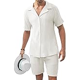 KUYIGO Men's 2 Pieces Beach Outfit Cotton Set Short Sleeve Button Down Shirts Shorts Summer Casual Outfits