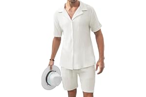 KUYIGO Men's 2 Pieces Beach Outfit Cotton Set Short Sleeve Button Down Shirts Summer Beach Shorts Casual Outfits