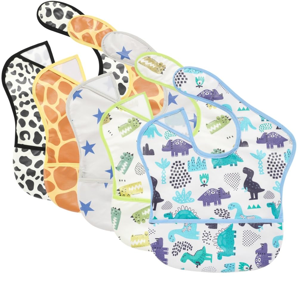 TSD Baby Bibs Waterproof Feeding Bibs 5pack Adjustable Mealtime Poctet Bib for Newborn Toddler Infant Easy Clean Boy Girl Baby Essentials Shower Gift