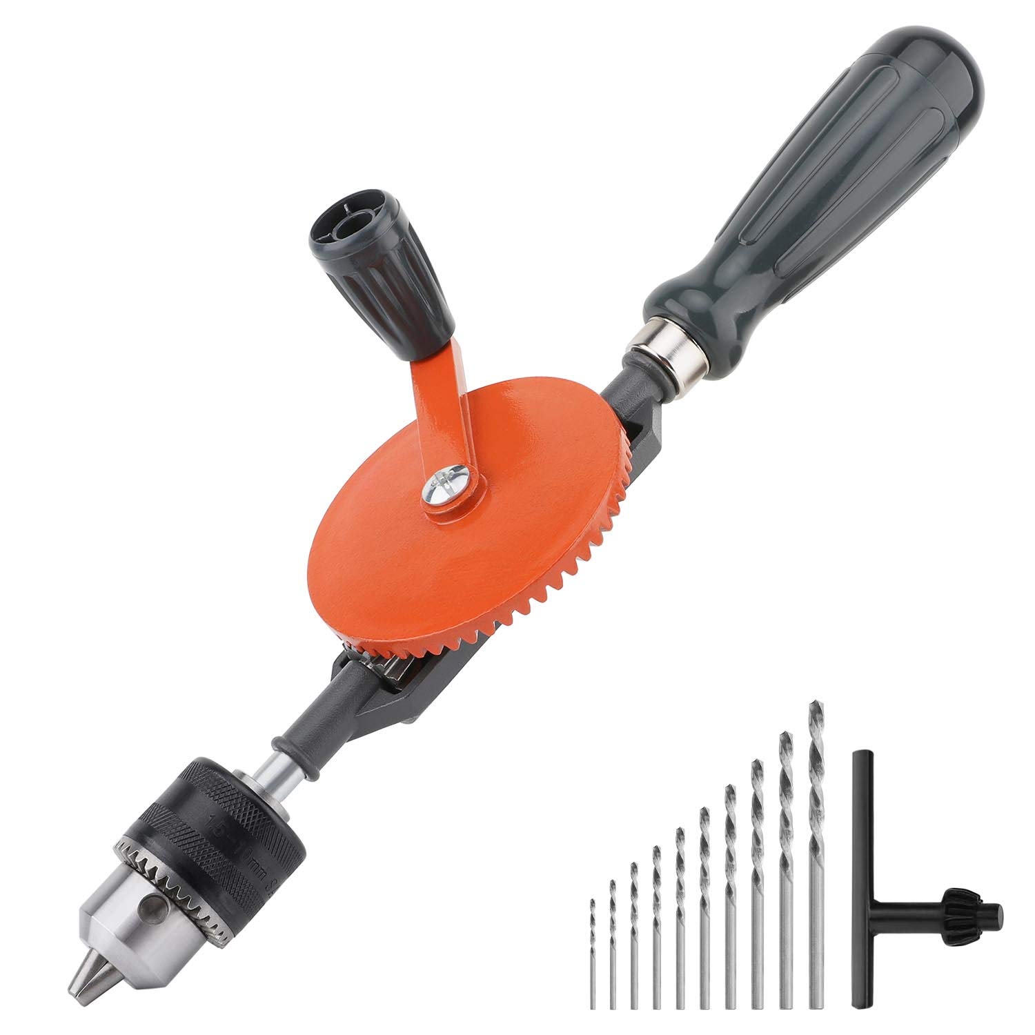 Housolution Hand Drill, Powerful 3/8 inches (1.5-10mm) Capacity Precision Chucks Cast Steel Double Pinions Manual Drill for Wood Plastic Acrylic Circuit Board Punching, Orange