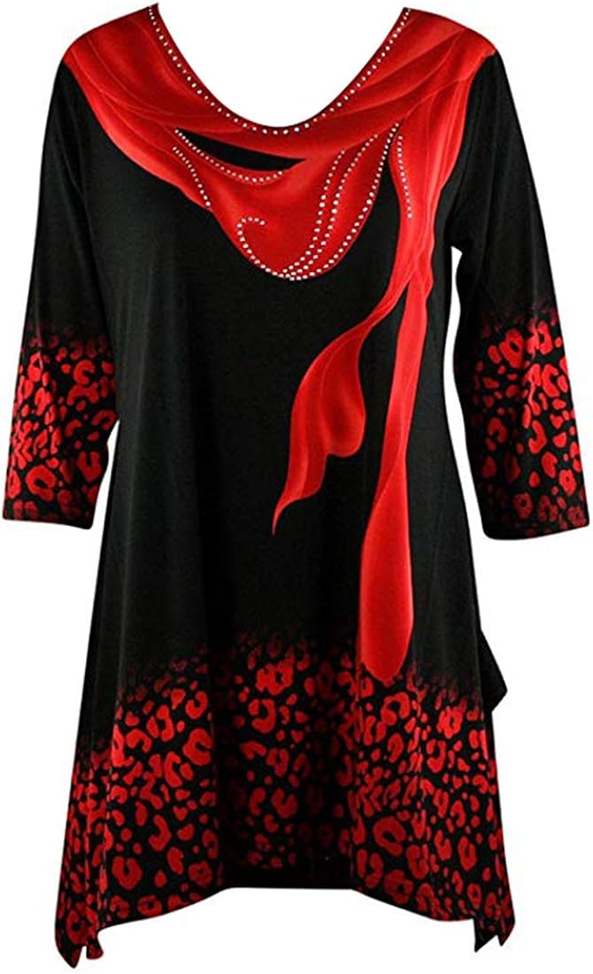 Valentina Signa Red Drape, 3/4 Sleeve VNeck Tunic in Rhinestone