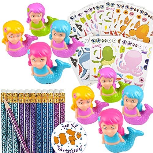 Mermaid Birthday Party Favors For 12 - Mermaid Squirts (12), Mermaid Pencils (12), Make Sea Life Stickers (12), Colorful Goody Bags and a Birthday Sticker