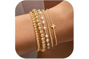Yoosteel Gold Beaded Bracelets Set for Women Teen Girl Gifts Non Tarnish - 14K Gold Plated Dainty Round Bead Ball Pearl Cross Bracelet Stack for Women Teenage Girls Stackable Jewelry Christmas Gifts