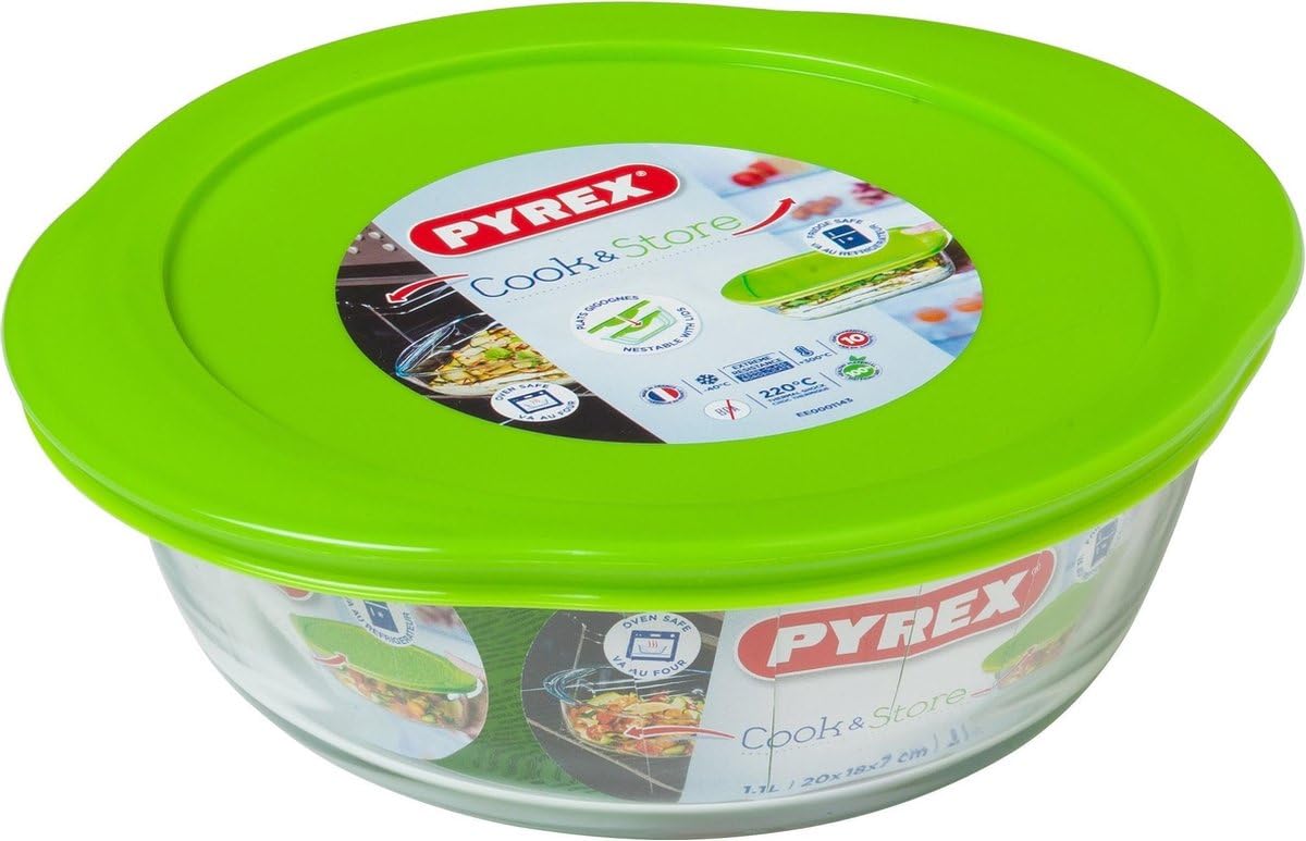 Pyrex Cook and Store 4 in 1 Round Dish 20 cm With Lid,Green,1 Litre