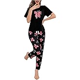 WDIRARA Women's Sleepwear Closed Eyes Print Casual Tee and Pants Pajama Set