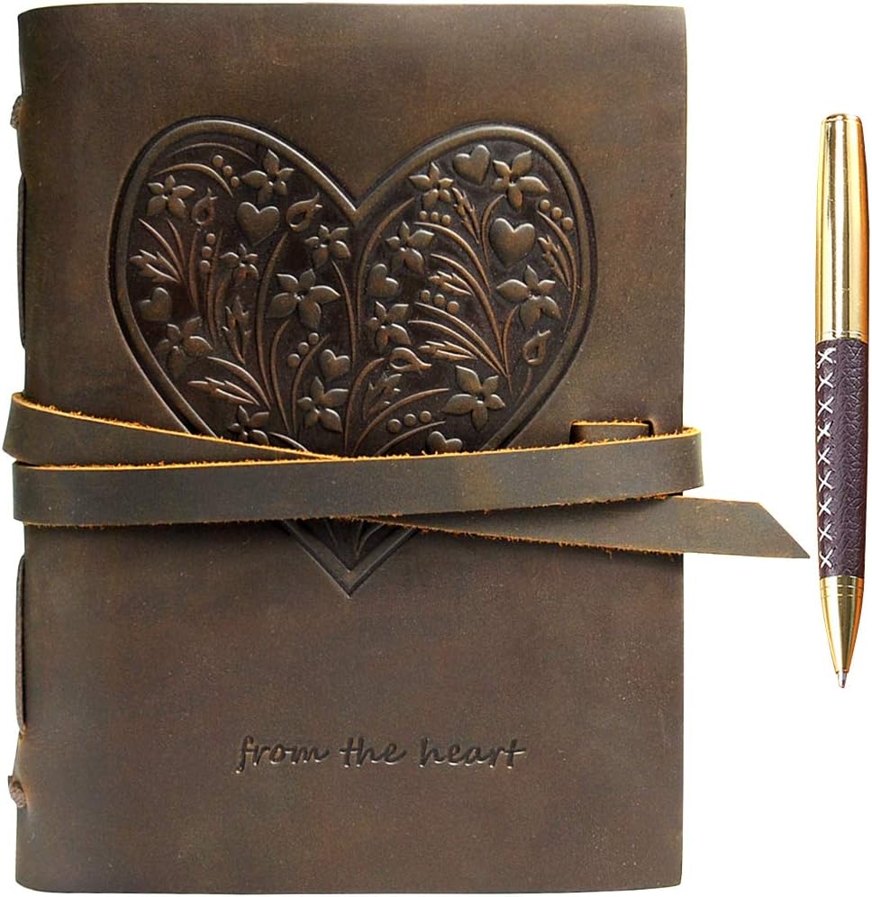 Genuine Leather Journal for Women, Beautiful Heart Flowers Embossed A5 Handmade Travel Diary