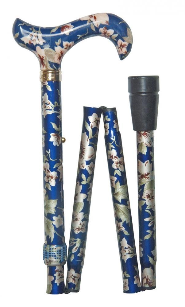 Fashionable Height Adjustable Folding Walking Stick Ladies Dark Blue Floral