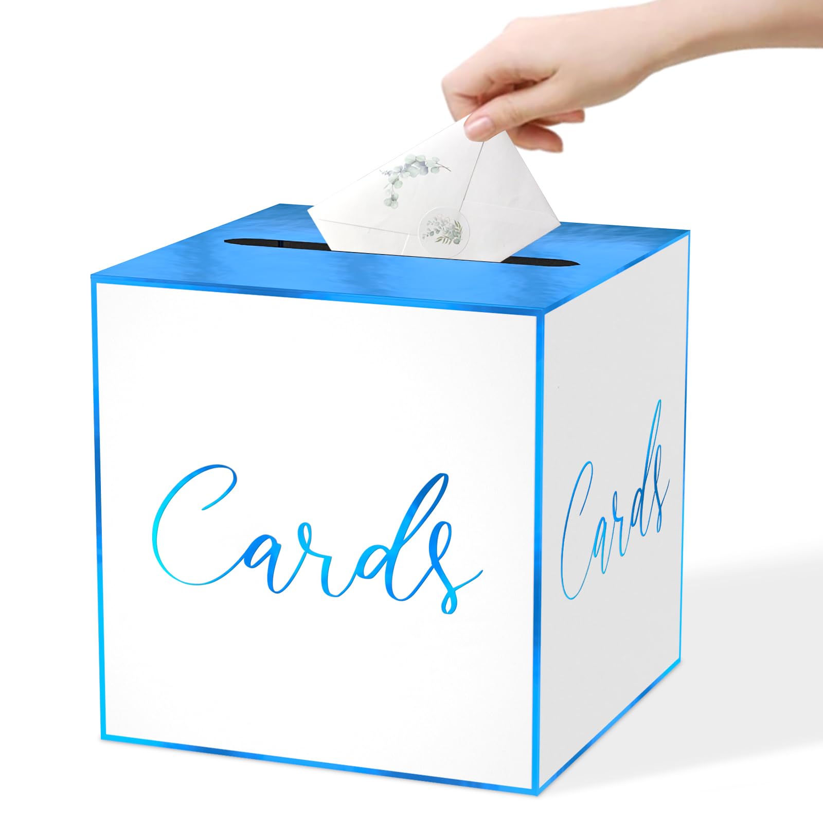 Photo 1 of JCTHKUKU White Card Box for Party, 8.7" Blue Foil Gift Cards Receiving Box Holder for Wedding, Bridal Shower, Graduation, Birthday, Retirement, Baby Shower, Anniversaries Party Decorations