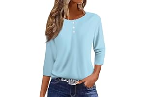 NUMALLER 3/4 Sleeve Tops for Women Fall Henley Crew Neck T Shirts Button Three Quarter Length Blouses Dressy Cute Shirts