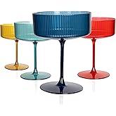 Ciaell 12PCS Plastic Ribbed Martini Glasses - 10 Oz Colored Disposable Coupe Glasses with Stem - Heavy Duty Margarita Cups for Bars, Cocktails, Whiskey, Parties & Wedding