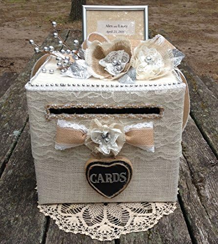 Rustic Handmade Wedding Card Holder, Burlap Flowers, personalized