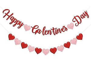 XIANMU Red Glittery Happy Galentines Day Banner and Red Pink Glittery Heart Garland Banner Romantic Decorations No DIY Valentines Day Bunting Photo Props Girls Party Favors Ladies Galentines Theme Decor