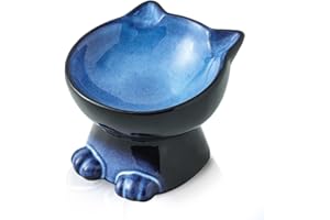 Nihow Slanted Elevated Cat Bowls: 6.25 Inch Ceramic Raised Cat Food Bowl for Protecting Pet's Spine - Microwave & Dishwasher Safe -Elegant Blue & Black (6.8 OZ /1 PC)