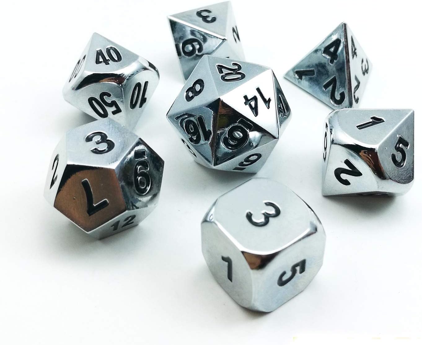 Bescon Shiny Gloss Silver Metal 7pcs Polyhedral Dice Set, Chrome Metal RPG Game Dice 7pcs Set