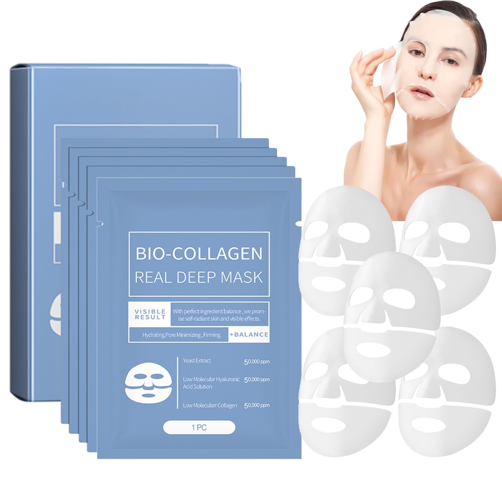 ChicNana Collagen Mask, Bio Collagen Face Mask, Collagen Masks Overnight, Korean Skincare, Face Skincare, Hydrating, Sheet Overnight Beauty (Blue 5pc)