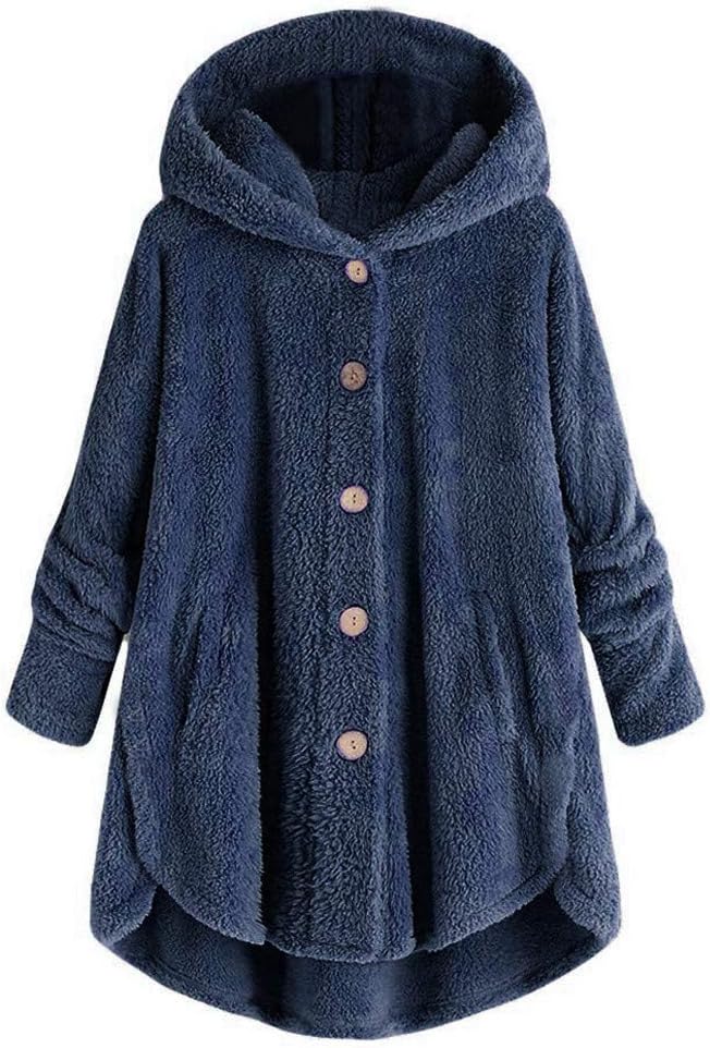 Moent Sales Plus Women Plus Size Button Plush Tops Hooded Loose Cardigan Wool Coat Winter Jacket, Tops for Women UK Clearance Size Autumn Winter Blouse