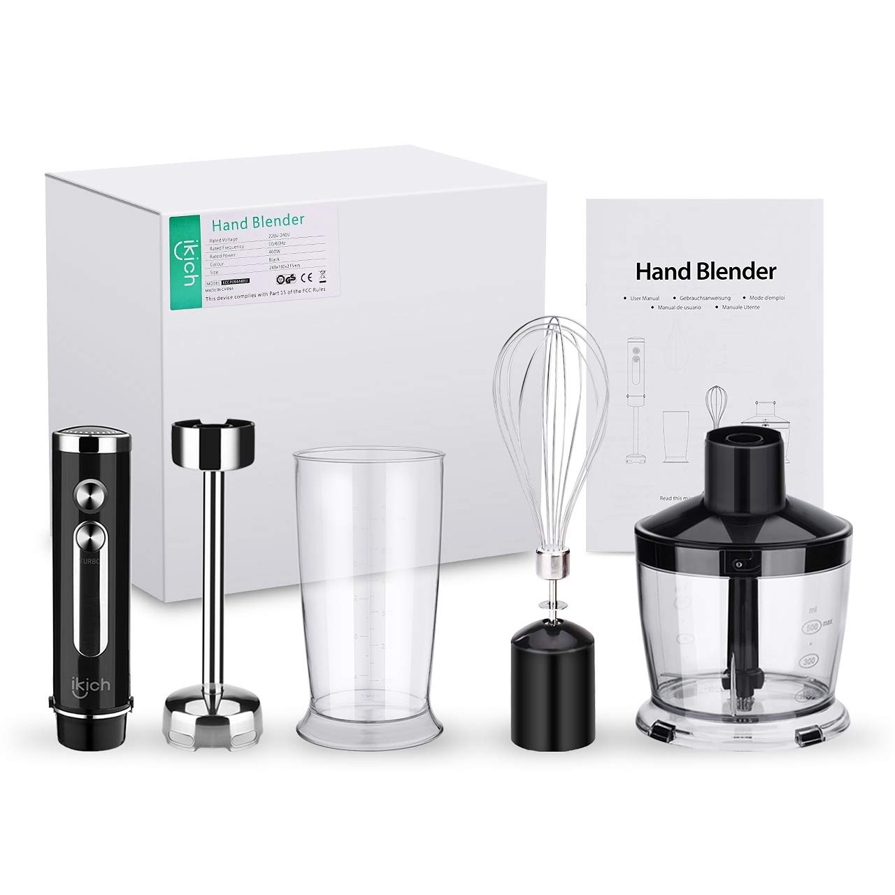 iKich 4in1 Hand Blender, 5 Speeds with Turbo Button, 500ml BPAFree Food Processor & 600ml