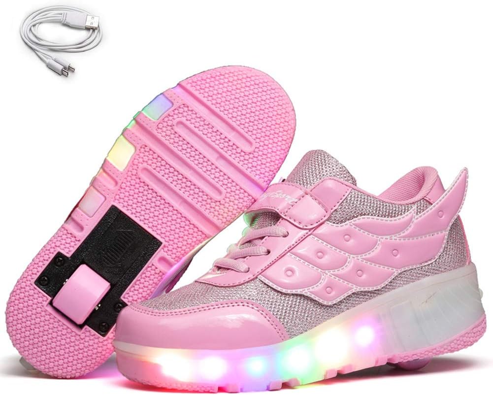 EhauuoUnisex Wheel Shoes Kids LED Light up USB Charge Roller Skate Flashing Sneakers for Girls Boys Gift(1 M US Little Kid, B-Pink)