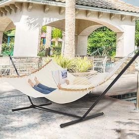 Patio Watcher 11 Feet Quilted Fabric Hammock with Curved-Bar Bamboo and Detachable Pillow, Double Hammock Perfect… 61S9p zmI9L