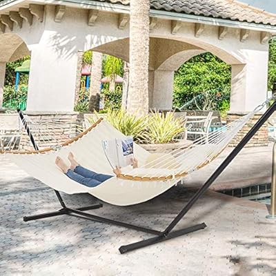 Patio Watcher 11 Feet Quilted Fabric Hammock with Curved-Bar Bamboo and Detachable Pillow, Double Hammock Perfect… 61S9p zmI9L