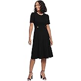 London Times Womens Short Sleeve Crepe Fit and Flare Midi with Waist Button Detail