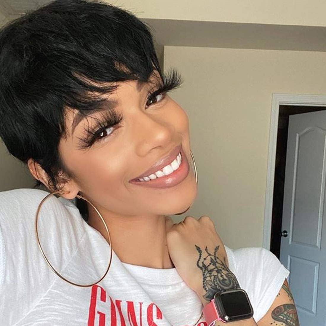 Creamily Short Pixie Wig 100% Brazilian Human Hair With Bangs Layered Cut Hair Black Pixie Cut Wig for Women with Wig Cap， Natural Black