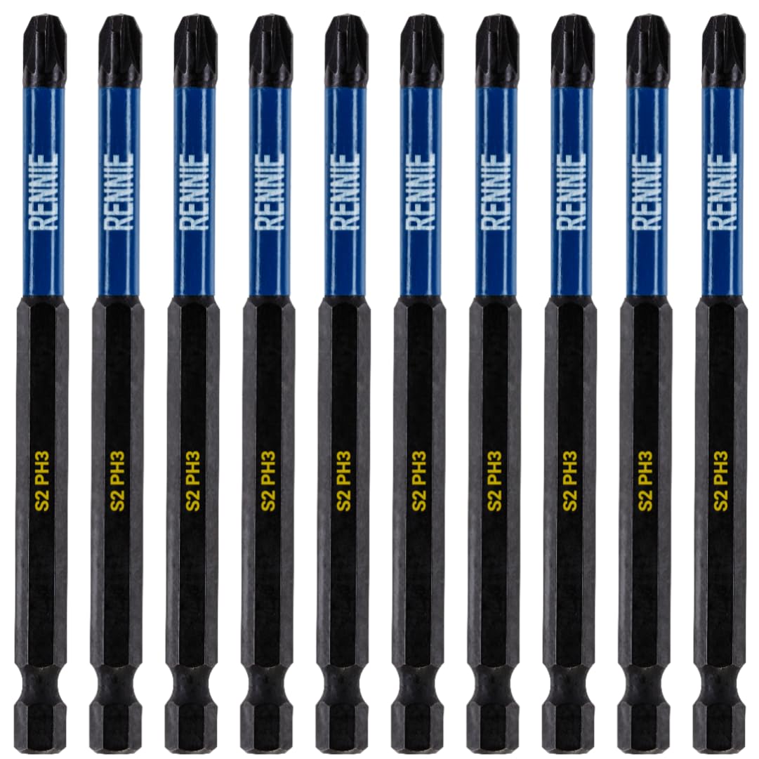 10 x Rennie Tools 100mm Long PH3 Impact Screwdriver Driver Bits Set. Magnetic Phillips No.3 Heavy Duty Impact Driver Bit Set. Extra Long PH3 Bits. Hex Shank. Cross Head. Black Oxide Coated