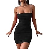 VASAUGE Women's Sexy Summer Bodycon Mini Dress Ruched Spaghetti Strap Backless Going Out Club Dresses 2024