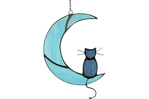 ZUAJITER Black Cat On Blue Moon Stained Glass Cat Hanging Ornament