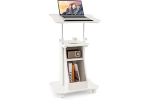 Tangkula Mobile Lectern Podium, Height Adjustable Podium Stand, Standing Sit-to-Stand Desk, Rolling Cart Laptop Desk with Swivel Top Movable Wheels & Storage