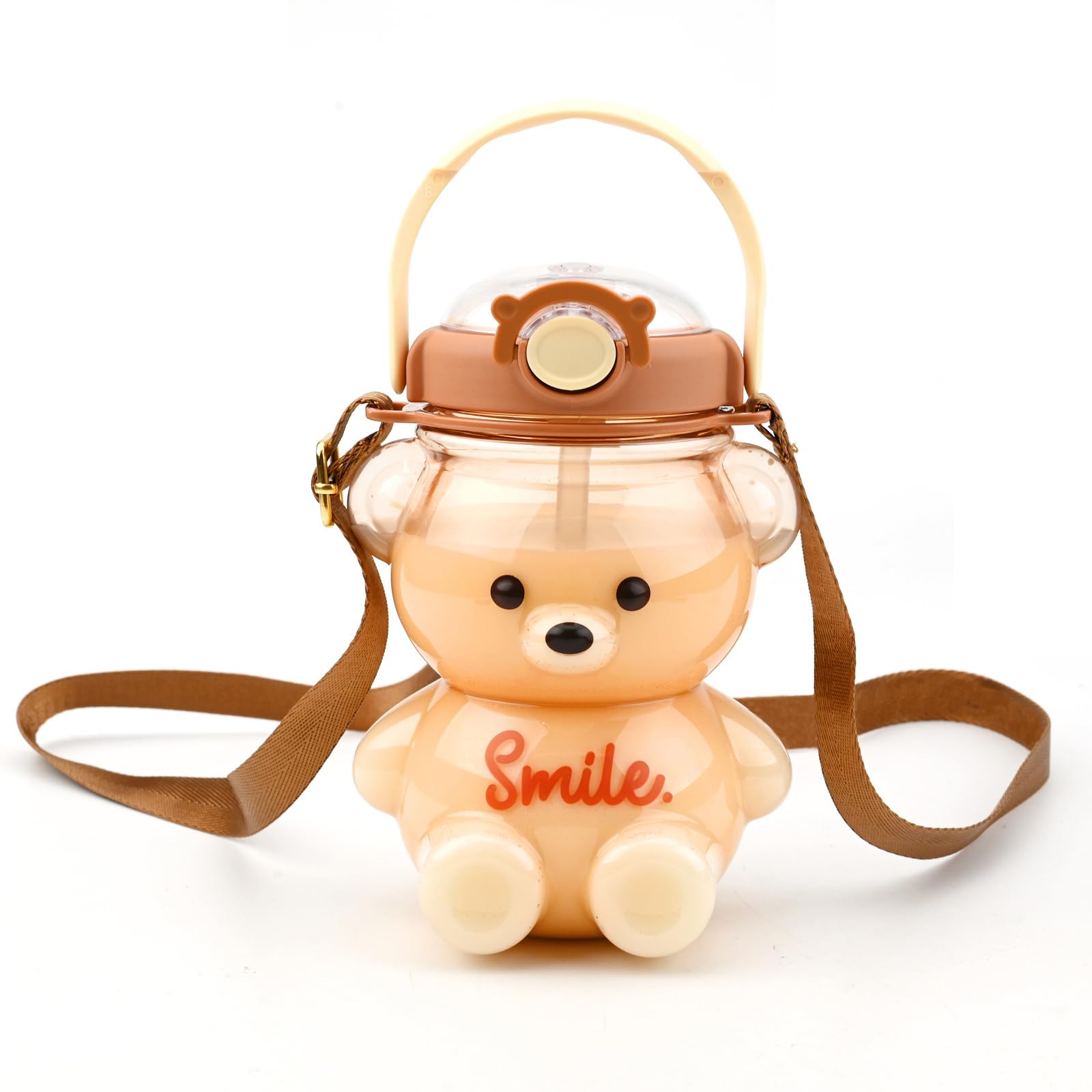 Gukasxi Kawaii Bear Water Bottle with Straw 1000ML Leak-Proof Kawaii Water Bottle Novelty Drinking Bottle with Strap for Kids Girls Boys School Travel