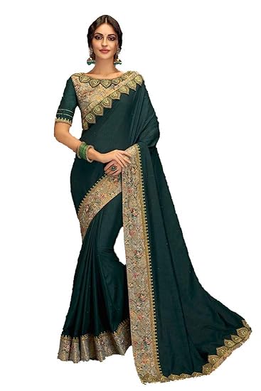 Prahi Fashion Womens Embroidery Vichitra Silk Saree (30540365, Green)