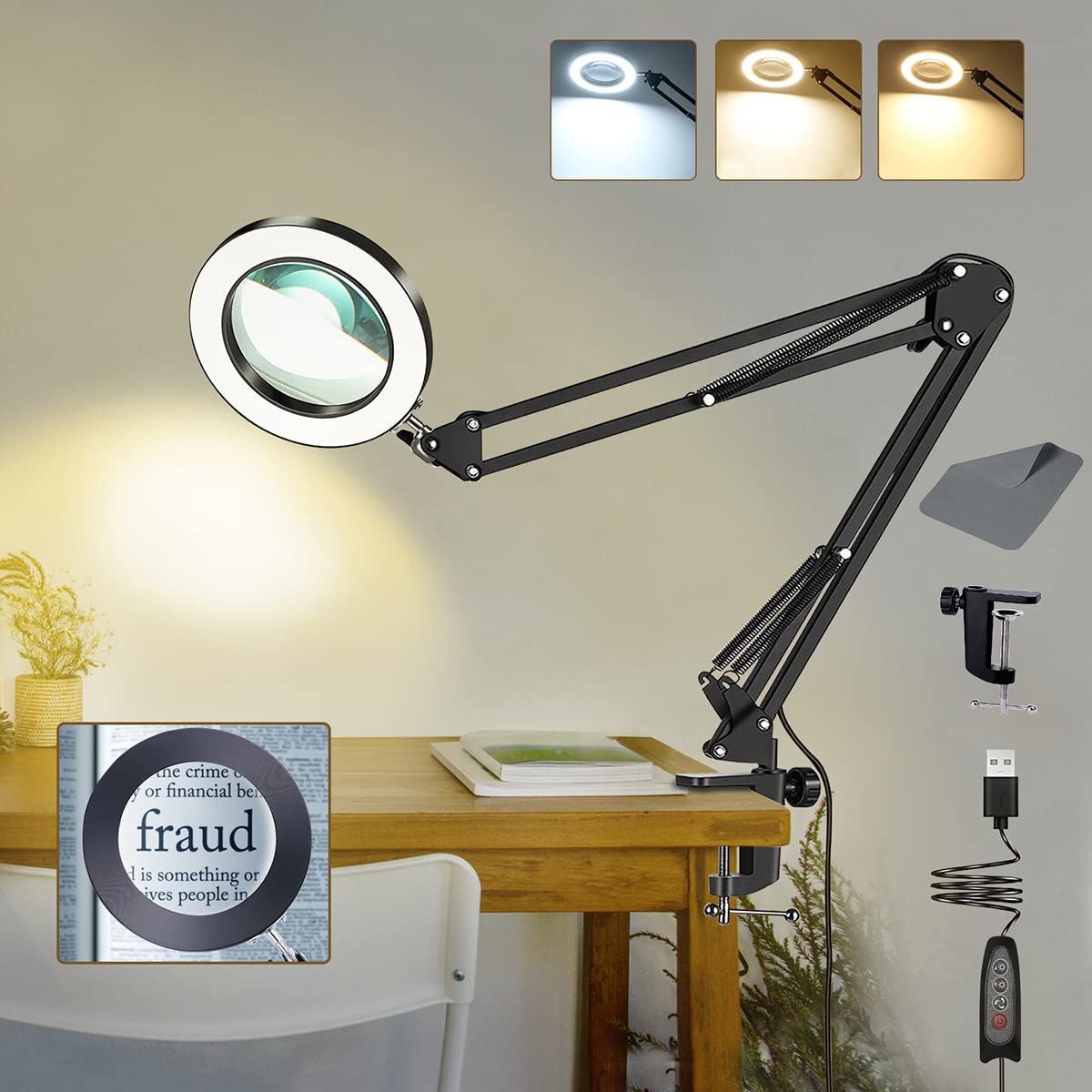 10X Magnifying Glass with Light and Clamp, Magnifier with Light Hands Free3 Color Modes Stepless Dimmable, 72 LEDs Real Glass Lens Magnifying Lamp for Close Work, Repair, Reading, Craft